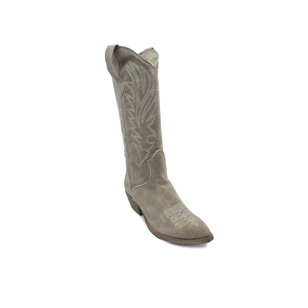 Texano camoscio taupe ricami frontale.webp